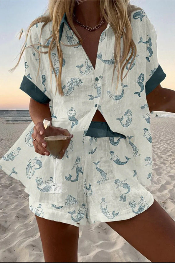 Jalira™ | Elegante completo corto in lino con affascinante stampa sirena