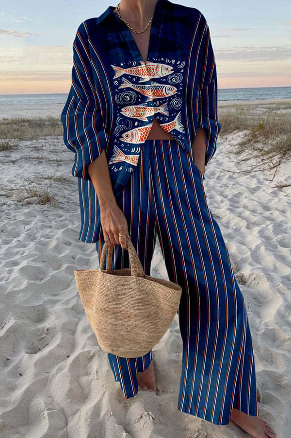 Zairine™ | Elegante set di lino con affascinante stampa Koi blu